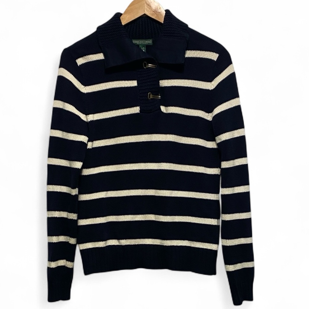 Ralph Lauren Blue and White Striped Mock Neck  Sweater